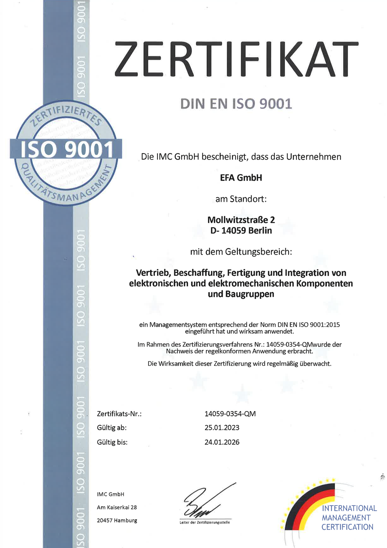 efa GmbH ISO 9001:2025 Zertifikatsabbild